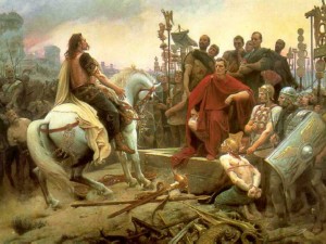 Vercingetorix throws down his arms at the feet of Julius Caesar. Painting by Lionel Royer, 1899. Caeasar's successes in Gaul shifted the balance of power he shared with his rival Pompey and prompted his crossing of the Rubicon.